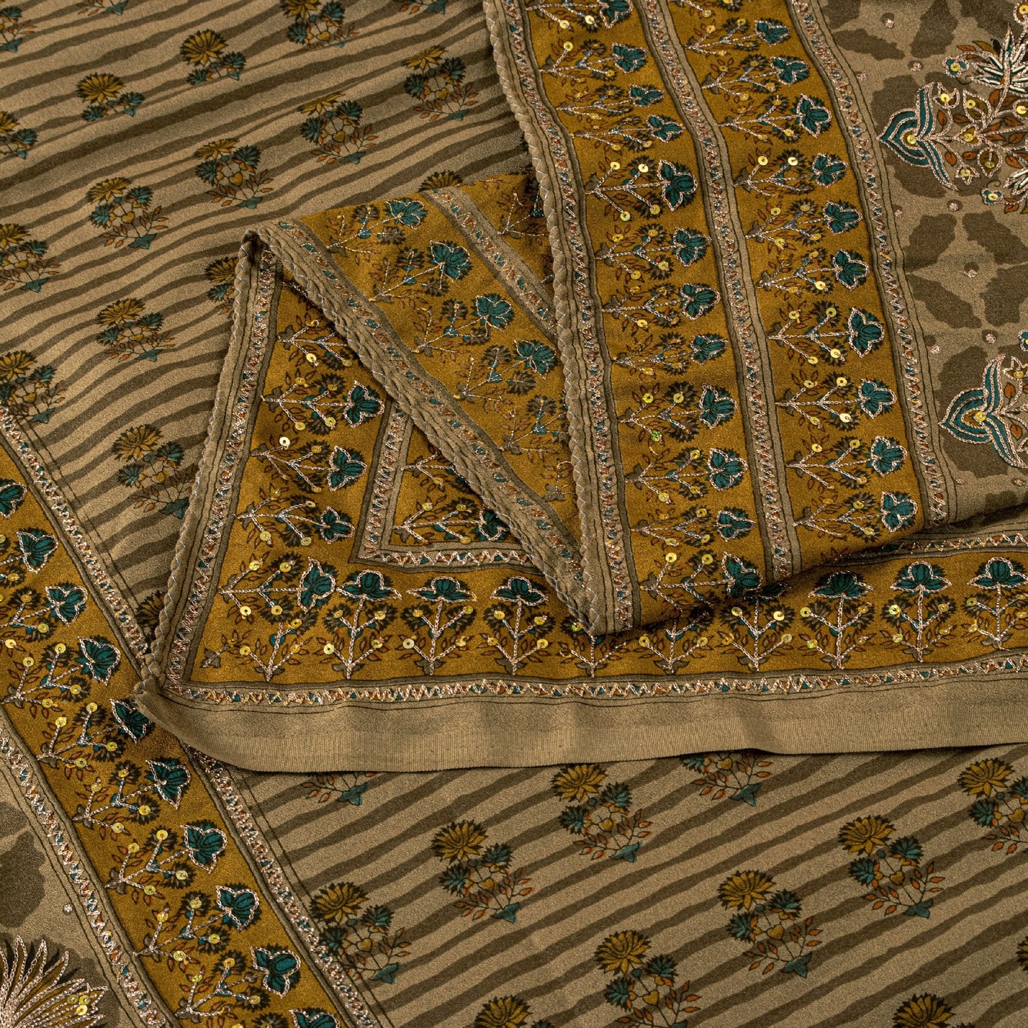 Sanskriti Vintage Dupatta Long Stole Hand Beaded Artificial Silk Brown Shawl