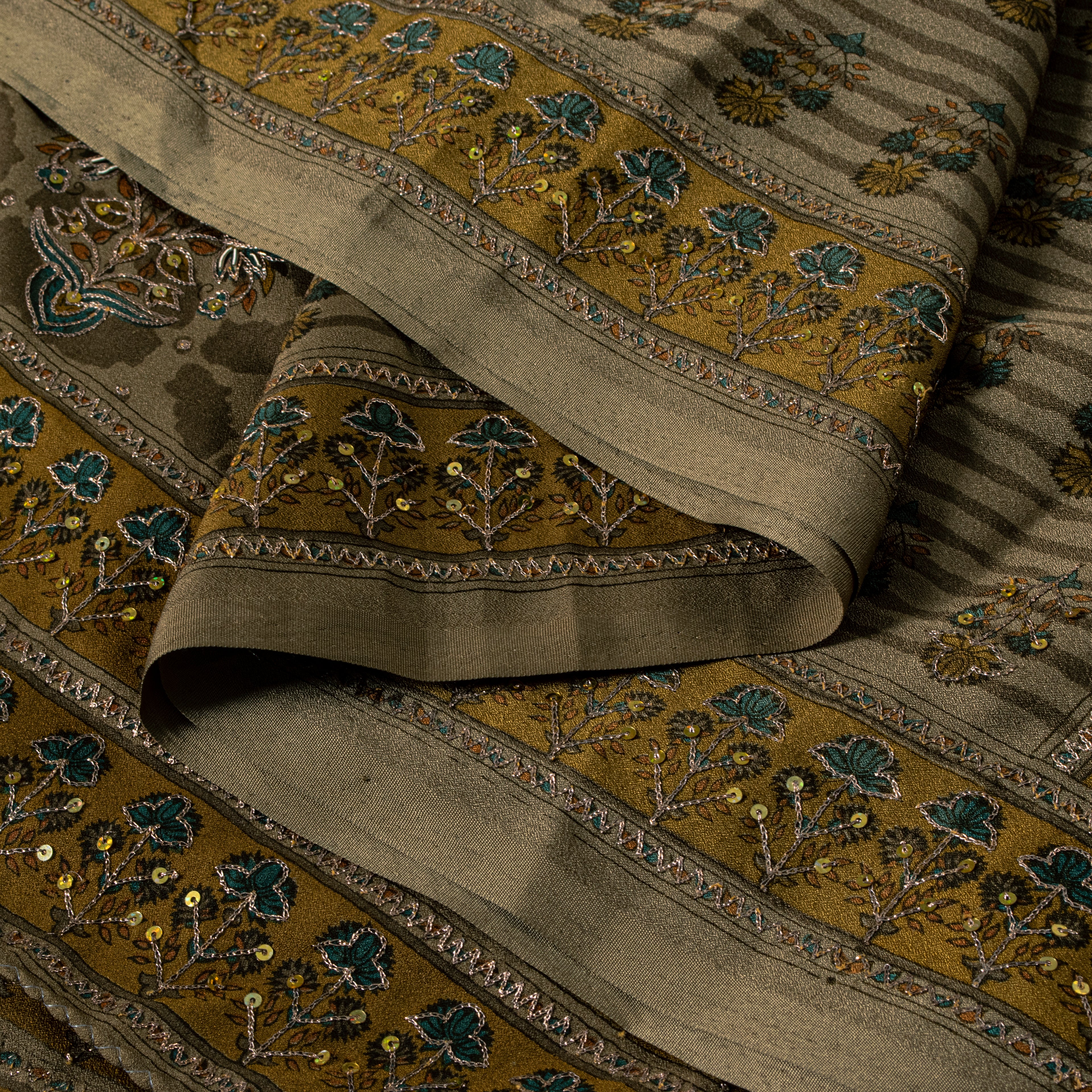 Sanskriti Vintage Dupatta Long Stole Hand Beaded Artificial Silk Brown Shawl