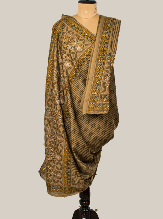 Sanskriti Vintage Dupatta Long Stole Hand Beaded Artificial Silk Brown Shawl