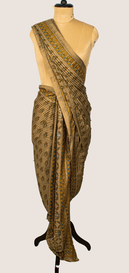 Sanskriti Vintage Dupatta Long Stole Hand Beaded Artificial Silk Brown Shawl