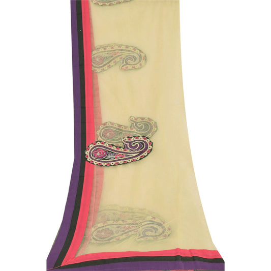 Sanskriti Vintage Cream Dupatta Long Stole Net Mesh Embroidered Indian Soft Veil