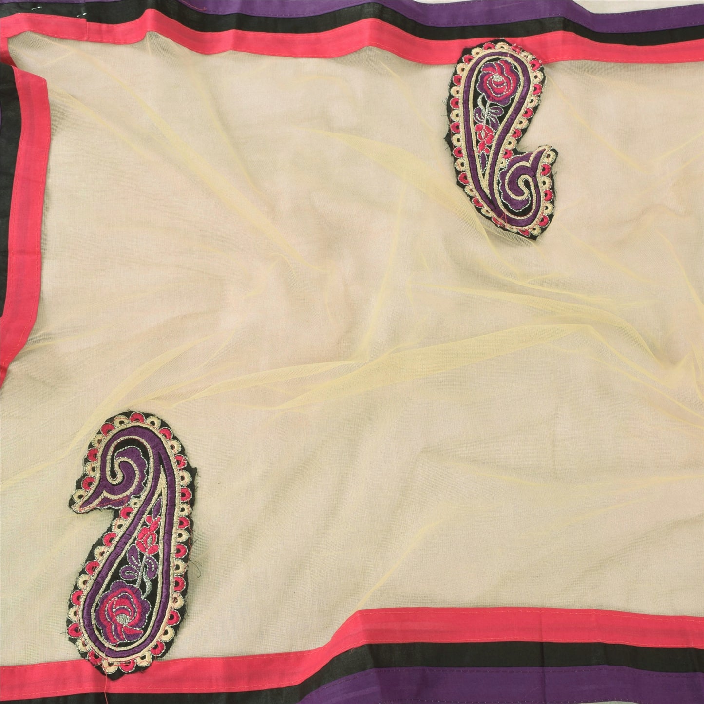 Sanskriti Vintage Cream Dupatta Long Stole Net Mesh Embroidered Premium Scarves