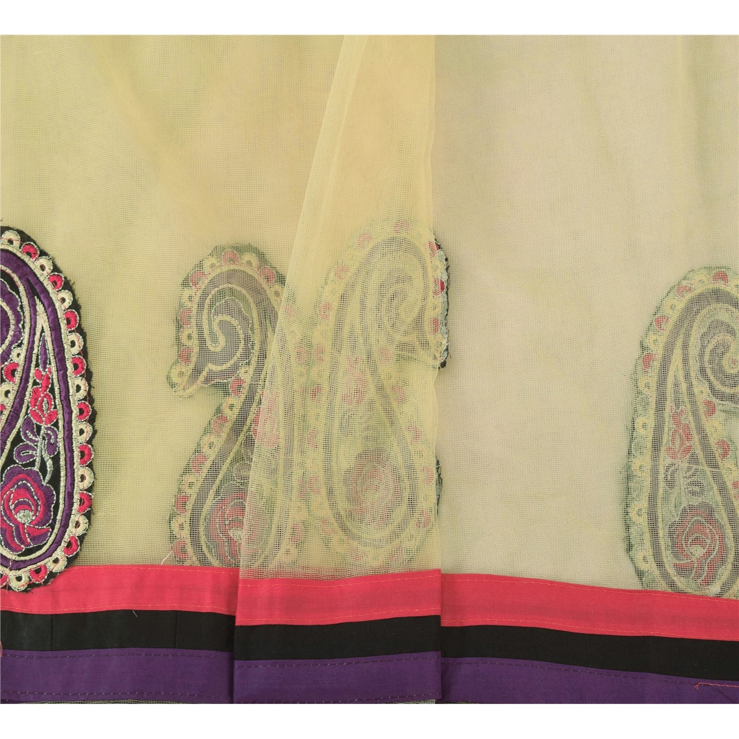 Sanskriti Vintage Cream Dupatta Long Stole Net Mesh Embroidered Premium Scarves
