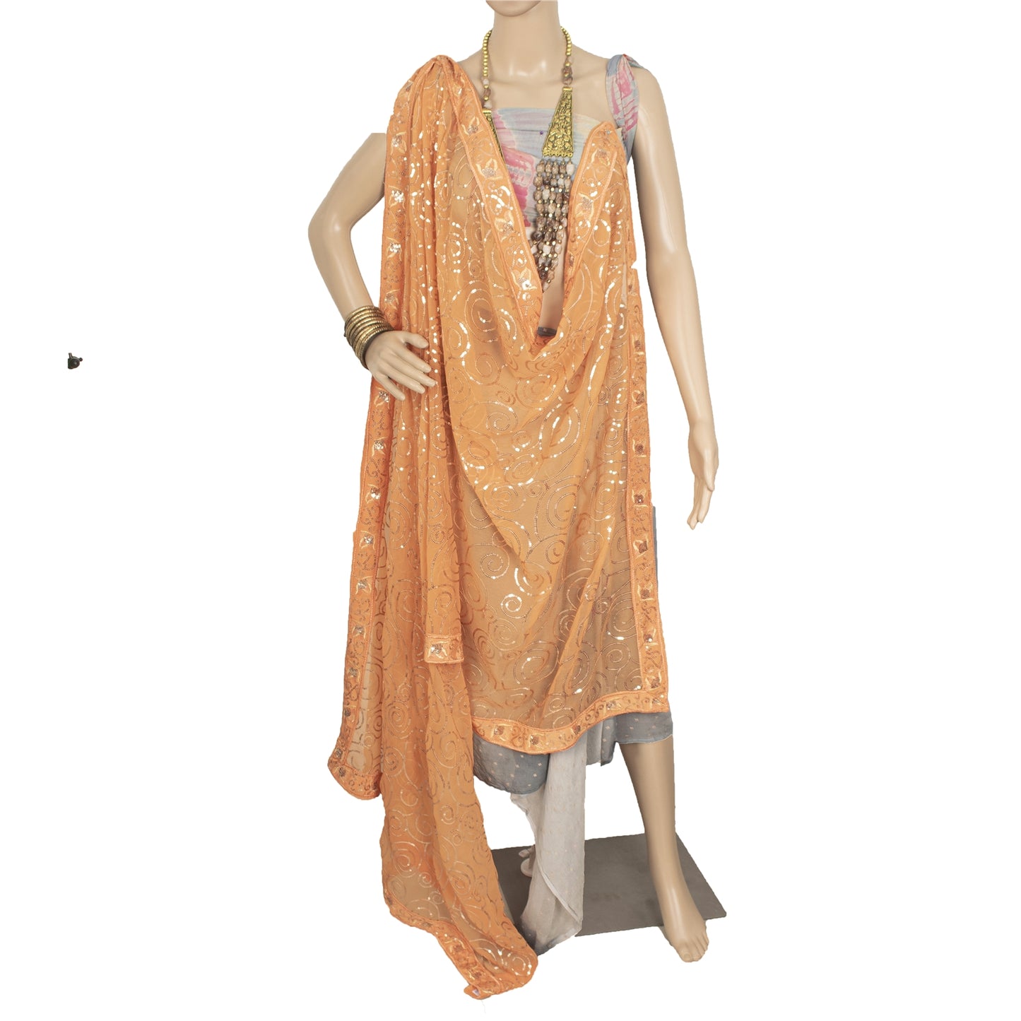 Sanskriti Vintage Orange Dupatta Long Stole Georgette Embroidered Wrap Soft Veil