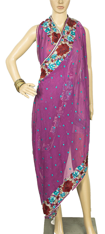 Sanskriti Vintage Dupatta Long Stole Chiffon Silk Purple Hijab Embroidered Wrap Scarves