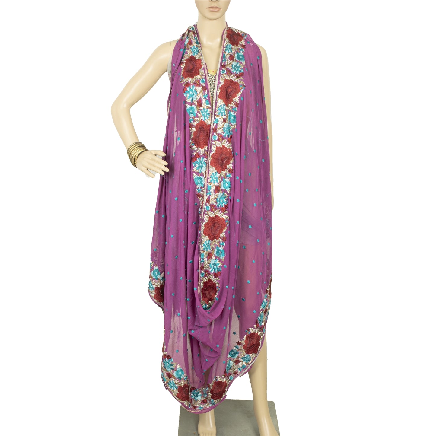 Sanskriti Vintage Dupatta Long Stole Chiffon Silk Purple Hijab Embroidered Wrap Scarves