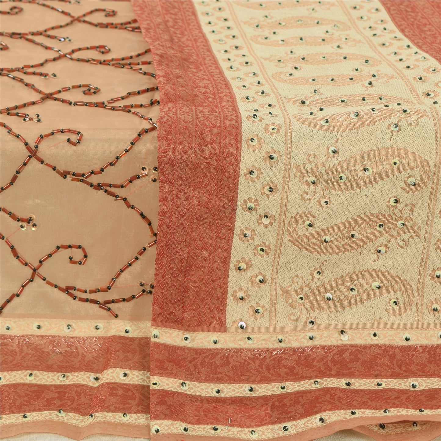 Sanskriti Vintage Dupatta Lang Stola Kunstsilke Fersken Håndperlet Vævet Slør