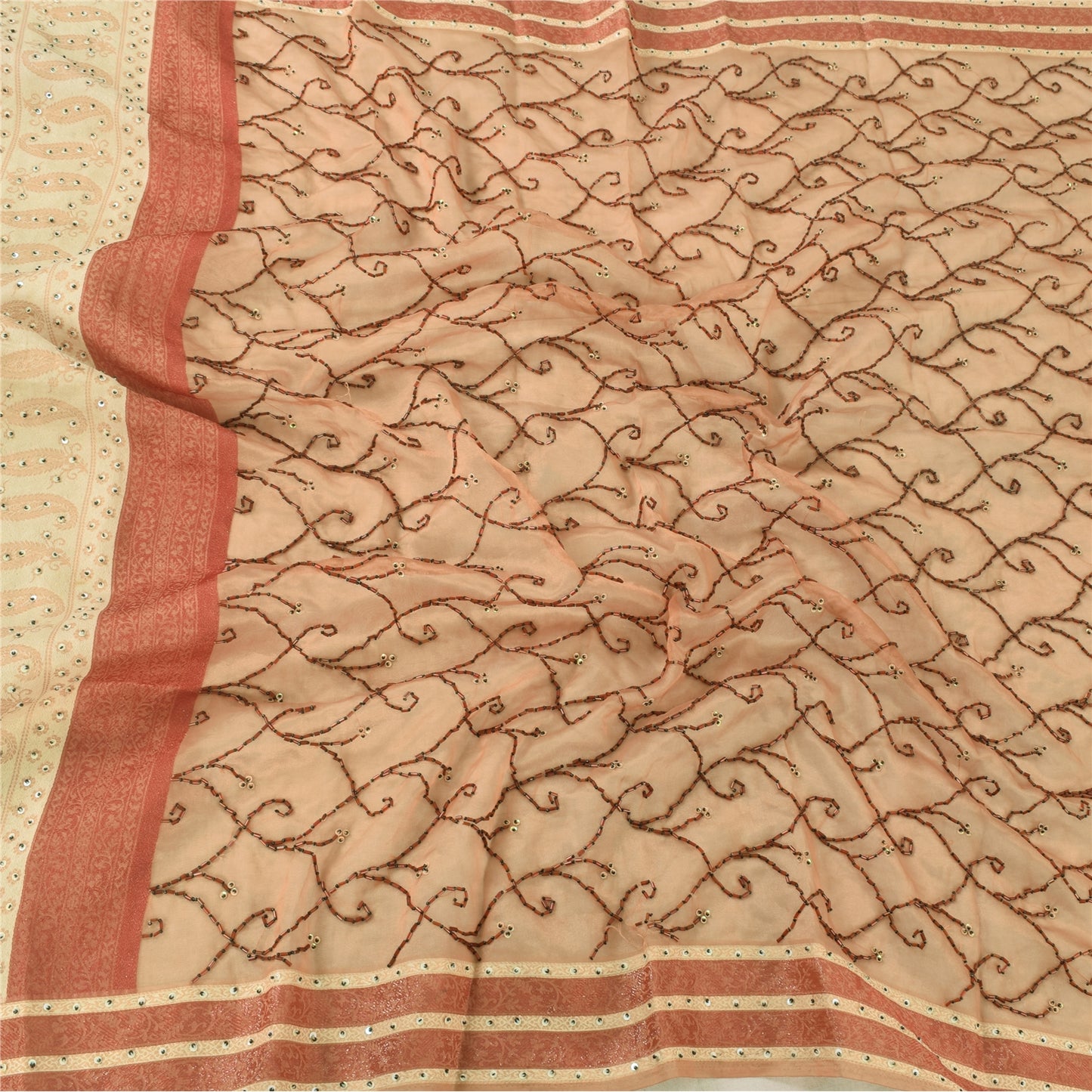 Sanskriti Vintage Dupatta Lang Stola Kunstsilke Fersken Håndperlet Vævet Slør