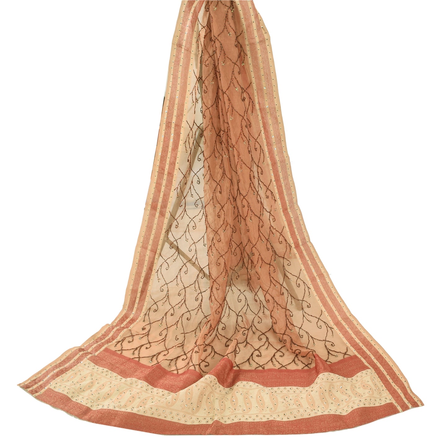 Sanskriti Vintage Dupatta Lang Stola Kunstsilke Fersken Håndperlet Vævet Slør