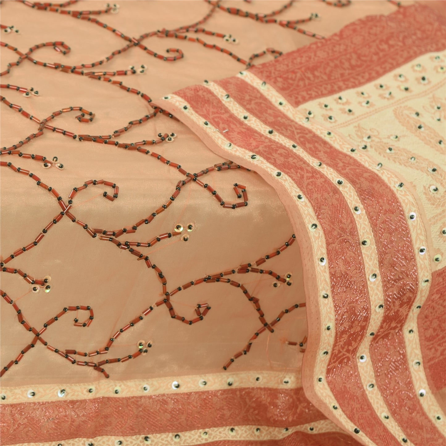 Sanskriti Vintage Dupatta Lang Stola Kunstsilke Fersken Håndperlet Vævet Slør