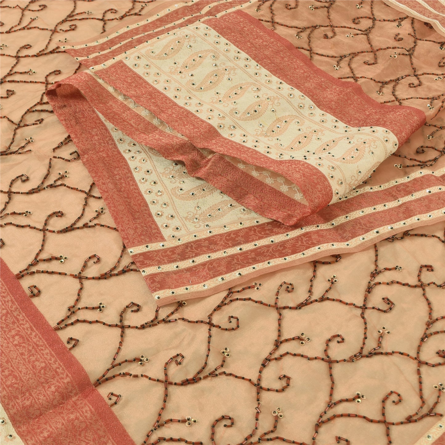 Sanskriti Vintage Dupatta Lang Stola Kunstsilke Fersken Håndperlet Vævet Slør
