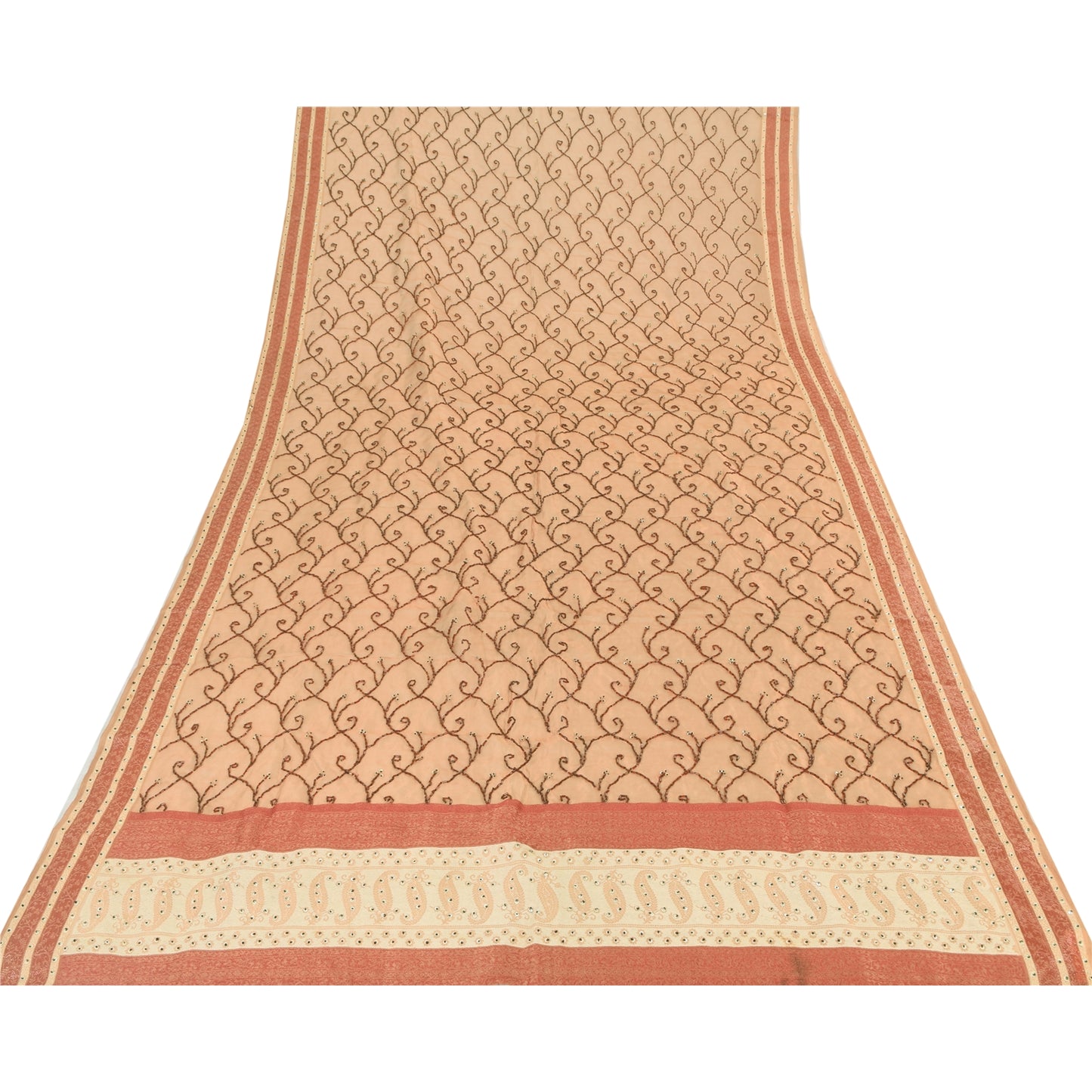 Sanskriti Vintage Dupatta Lang Stola Kunstsilke Fersken Håndperlet Vævet Slør