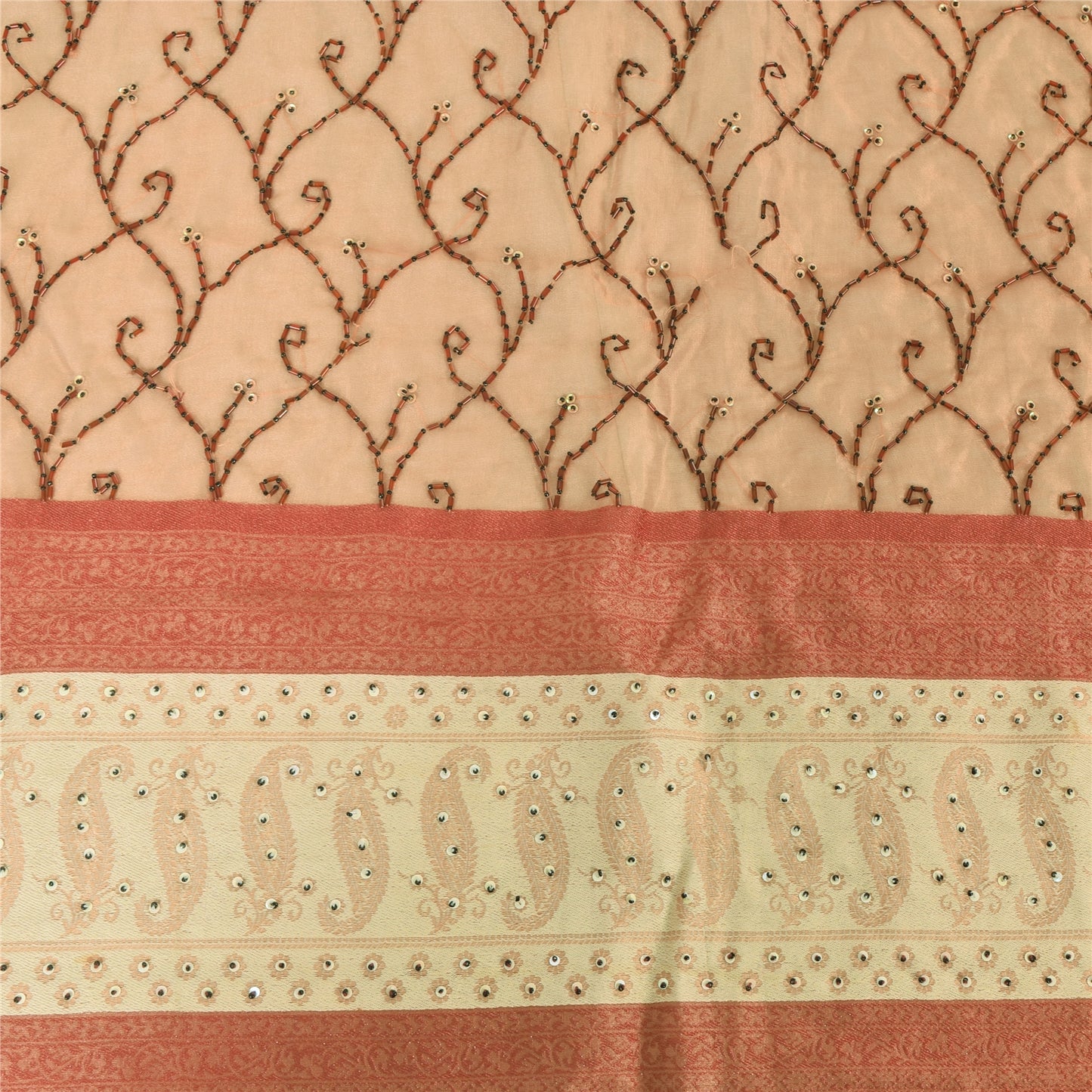 Sanskriti Vintage Dupatta Lang Stola Kunstsilke Fersken Håndperlet Vævet Slør