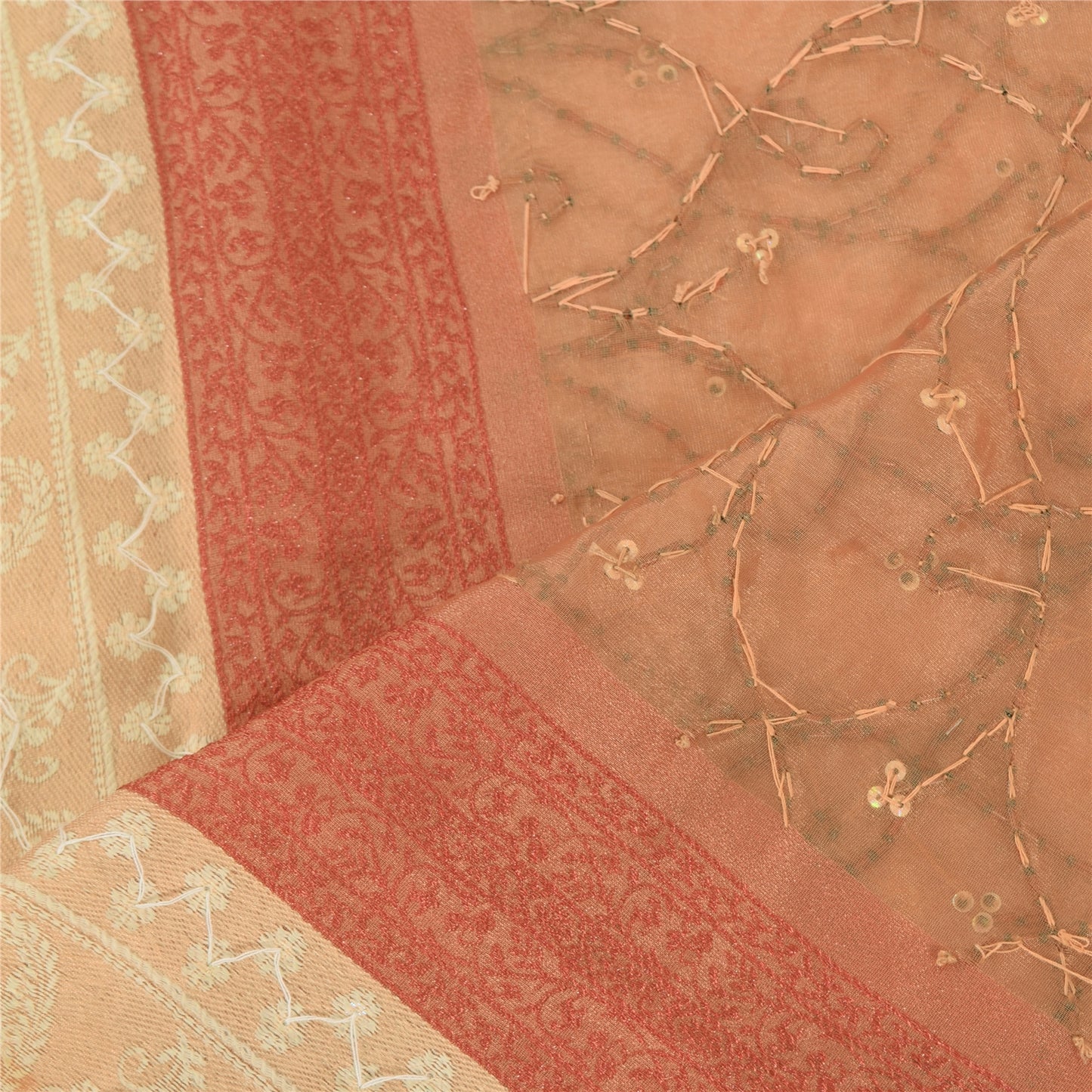 Sanskriti Vintage Dupatta Lang Stola Kunstsilke Fersken Håndperlet Vævet Slør