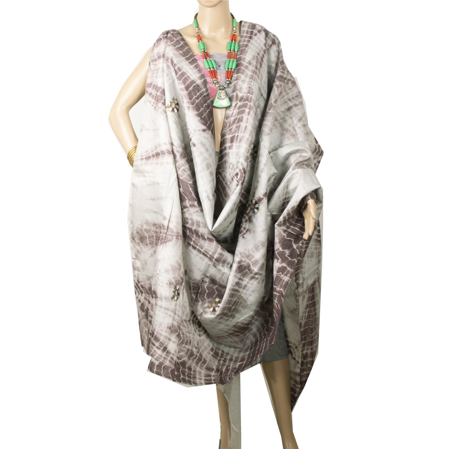Sanskriti Vintage Dupatta Long Stole Pure Silk Grey/Brown Handmade Tie & Dye