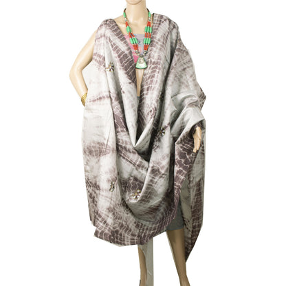 Sanskriti Vintage Dupatta Long Stole Pure Silk Grey/Brown Handmade Tie & Dye