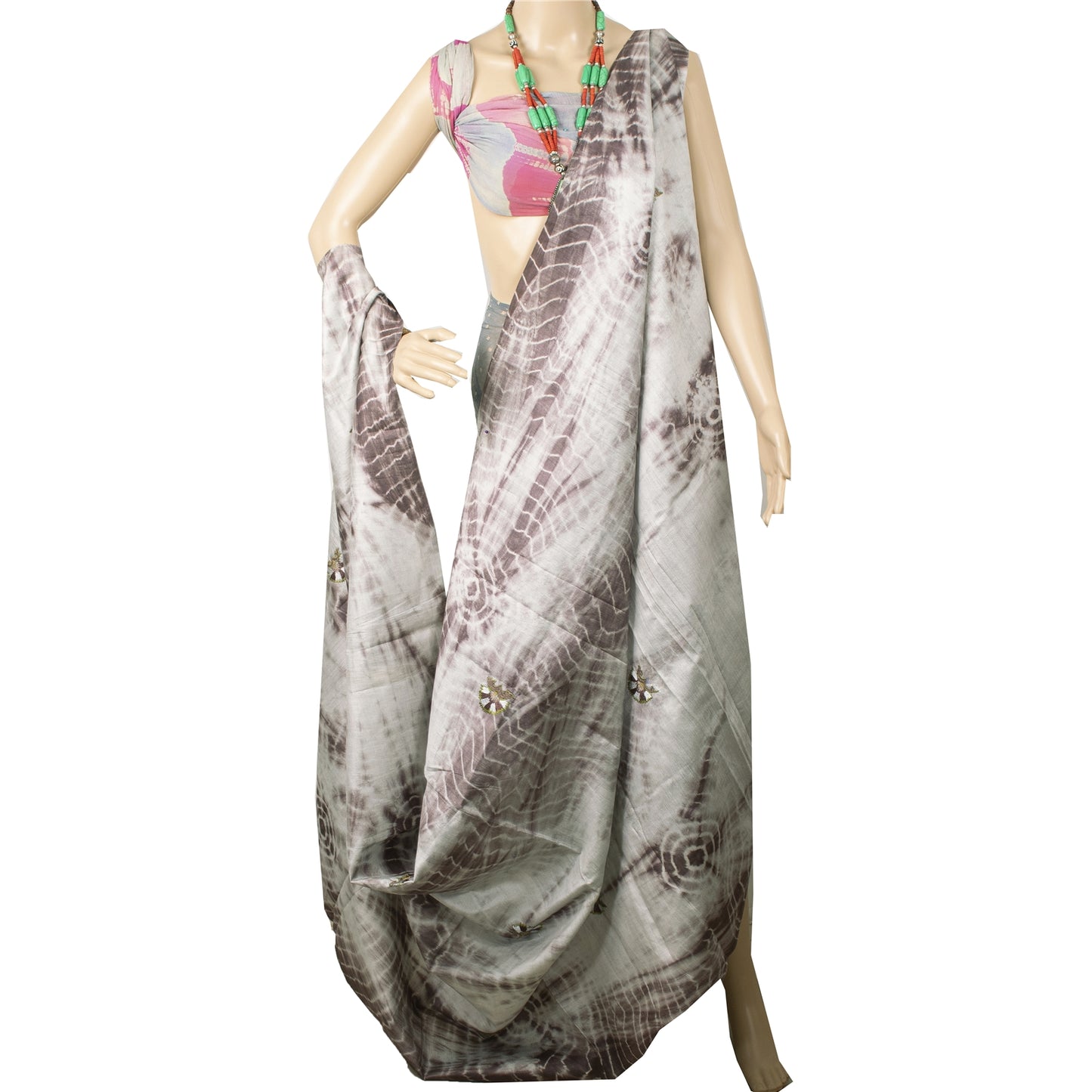 Sanskriti Vintage Dupatta Long Stole Pure Silk Grey/Brown Handmade Tie & Dye