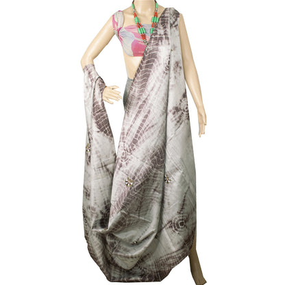 Sanskriti Vintage Dupatta Long Stole Pure Silk Grey/Brown Handmade Tie & Dye