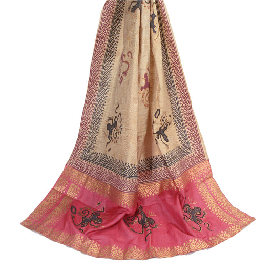 Sanskriti Vintage Dupatta Long Stole Pure Silk Cream Beaded, Hand-Block Printed