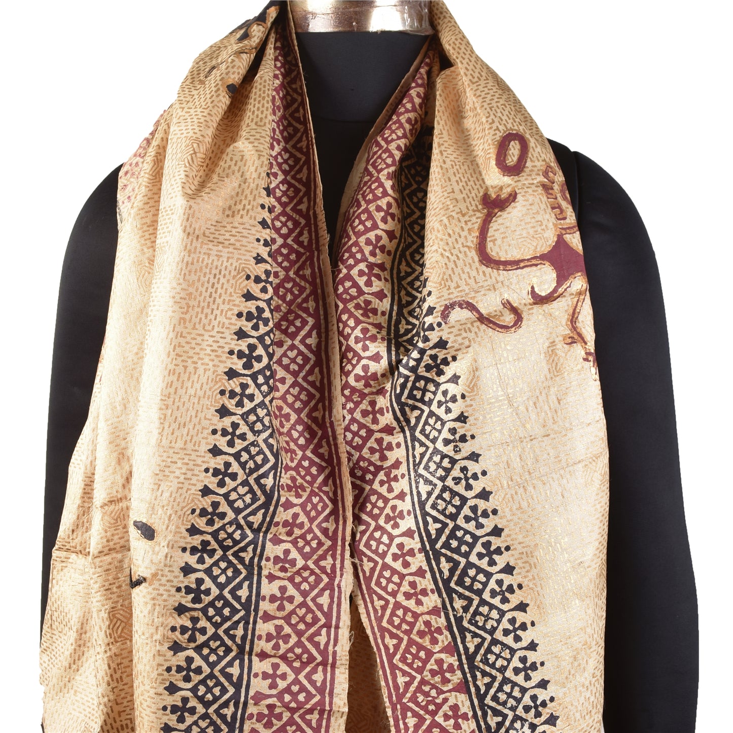 Sanskriti Vintage Dupatta Long Stole Pure Silk Cream Beaded, Hand-Block Printed