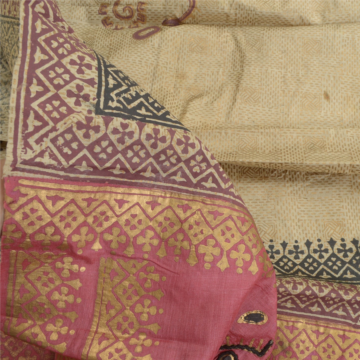 Sanskriti Vintage Dupatta Long Stole Pure Silk Cream Beaded, Hand-Block Printed