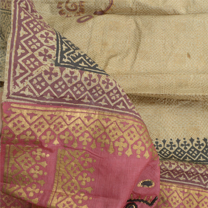 Sanskriti Vintage Dupatta Long Stole Pure Silk Cream Beaded, Hand-Block Printed