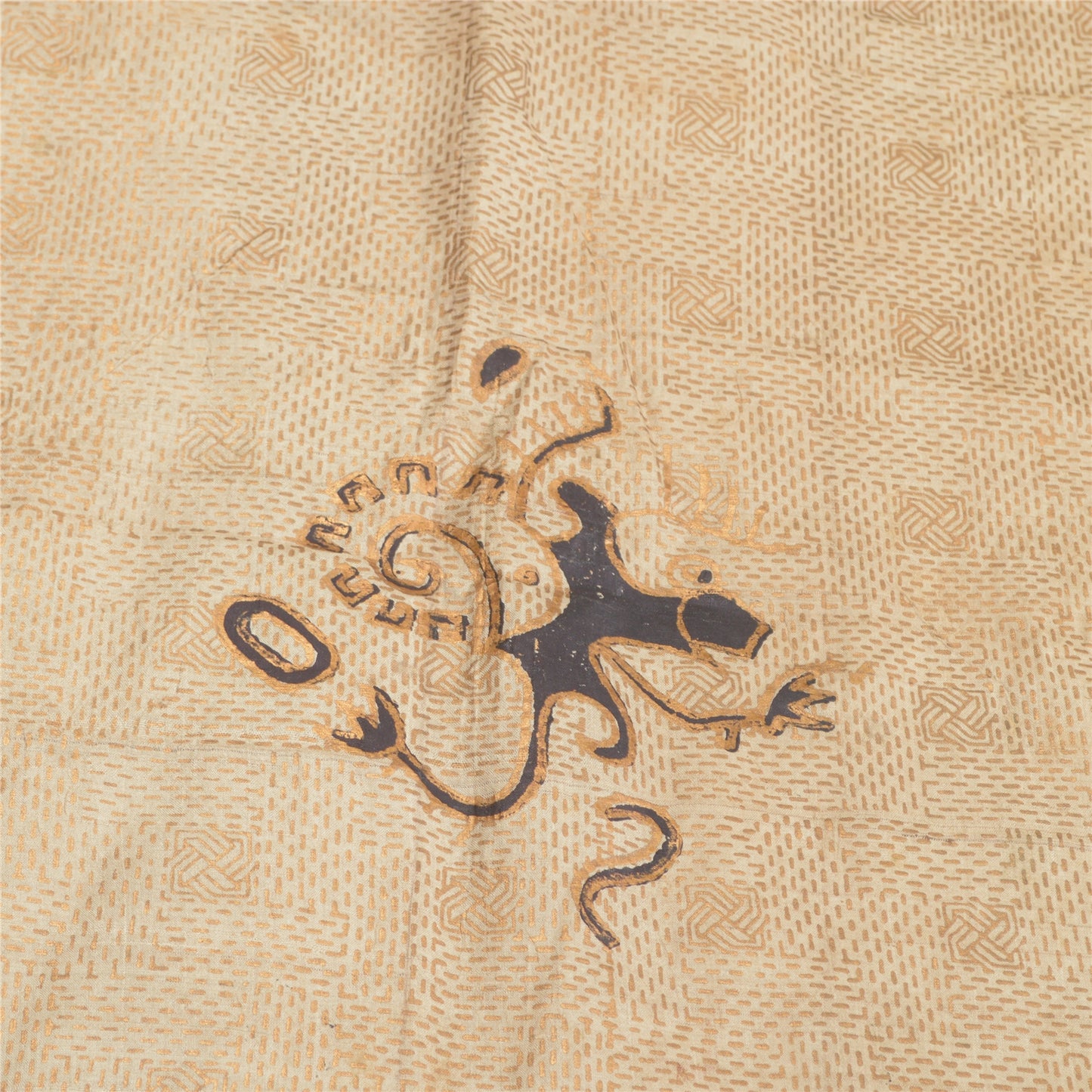 Sanskriti Vintage Dupatta Long Stole Pure Silk Cream Beaded, Hand-Block Printed