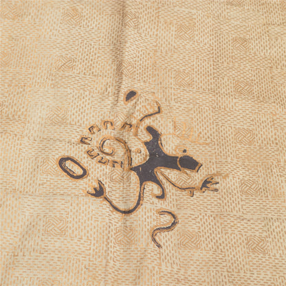 Sanskriti Vintage Dupatta Long Stole Pure Silk Cream Beaded, Hand-Block Printed