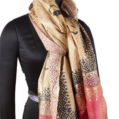 Sanskriti Vintage Dupatta Long Stole Pure Silk Cream Beaded, Hand-Block Printed