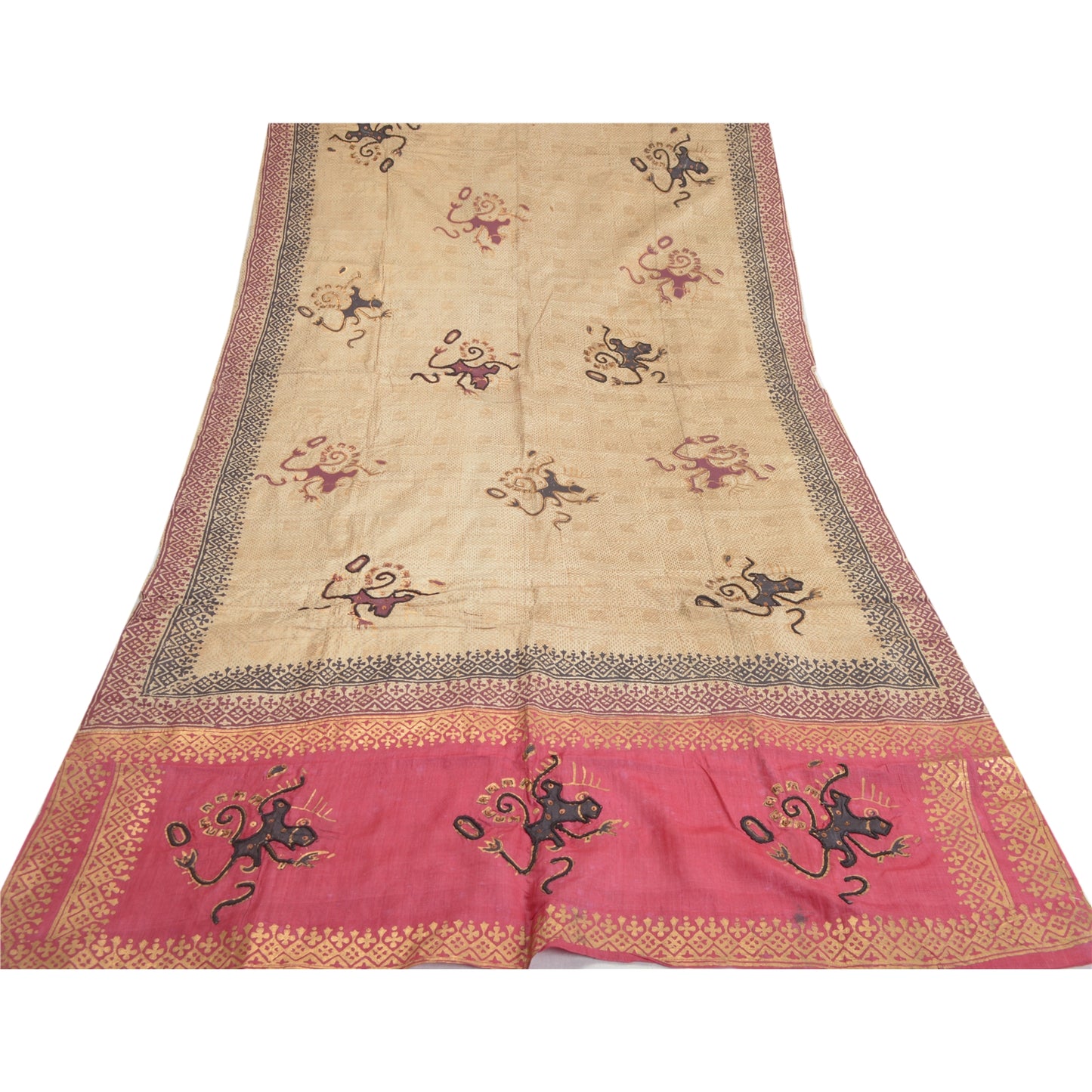 Sanskriti Vintage Dupatta Long Stole Pure Silk Cream Beaded, Hand-Block Printed