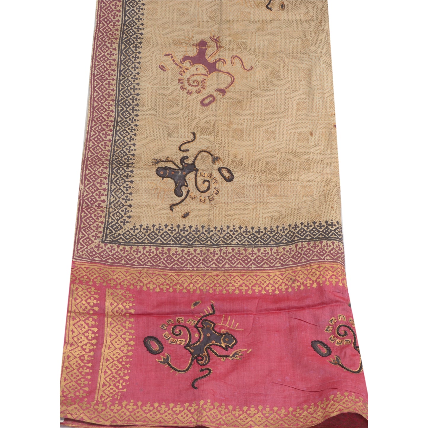 Sanskriti Vintage Dupatta Long Stole Pure Silk Cream Beaded, Hand-Block Printed
