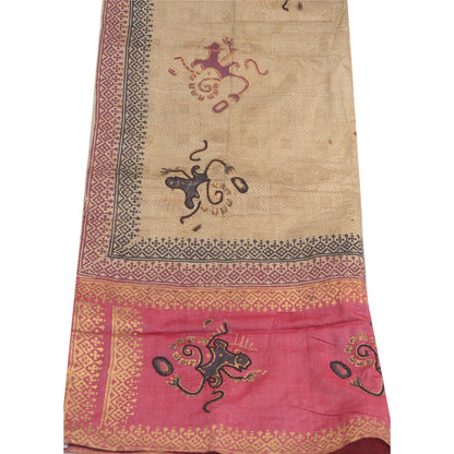 Sanskriti Vintage Dupatta Long Stole Pure Silk Cream Beaded, Hand-Block Printed