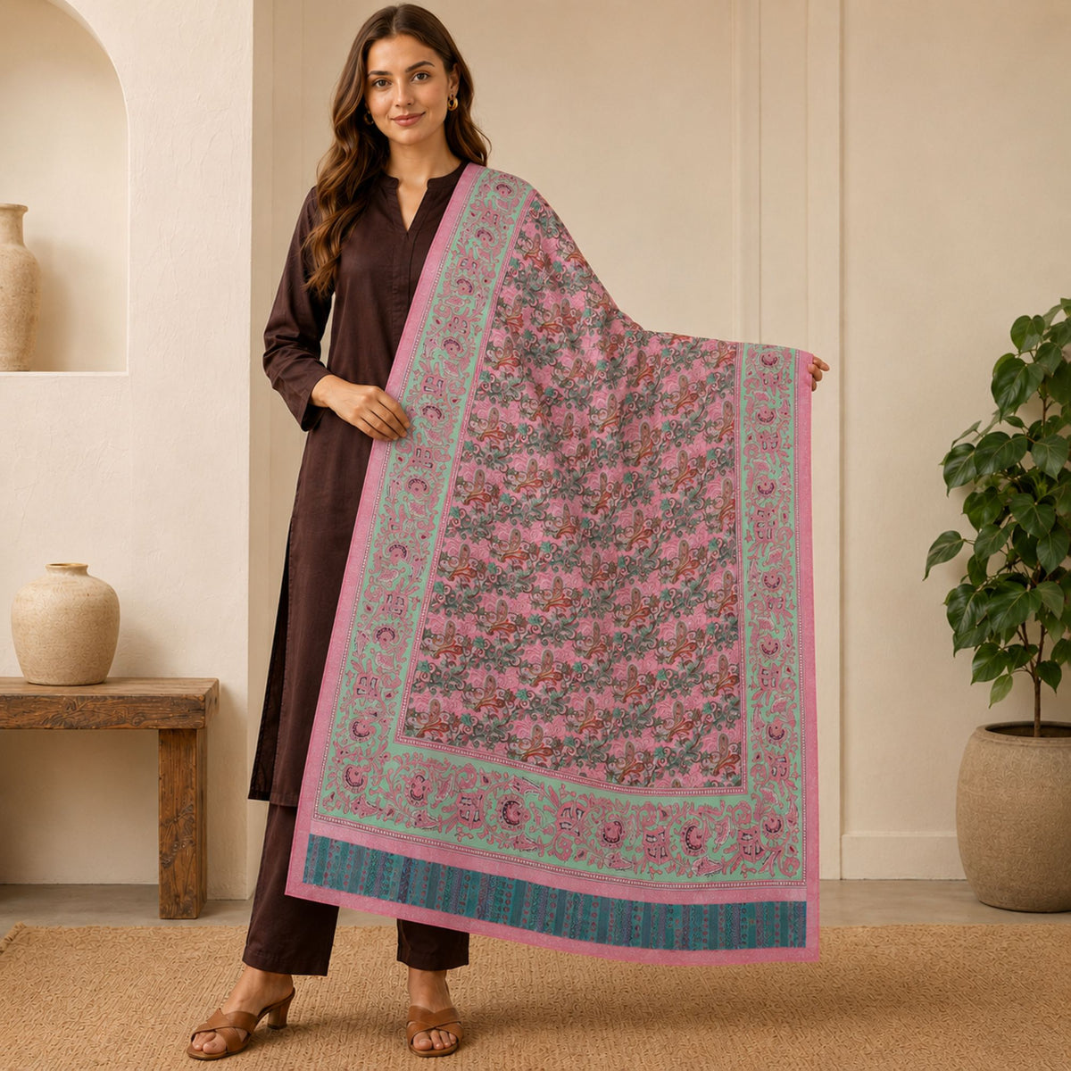 Sanskriti Vintage Digital Print Floral Cotton Dupatta Long Stole Pink Veil Wrap