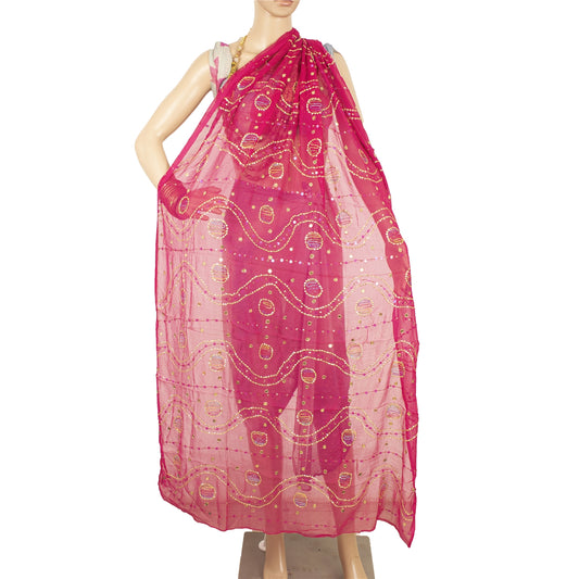 Sanskriti Vintage Dupatta Long Stole Pure Chiffon Silk Pink Hand Beaded Veil