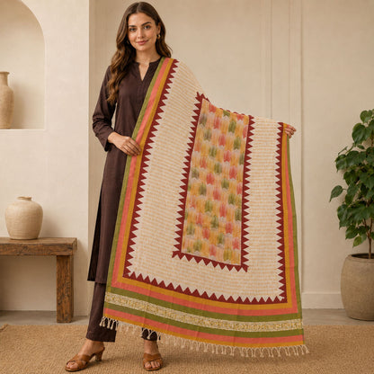 Sanskriti Vintage Hand Block Printed Pure Chanderi Silk Dupatta/Stole Cream Veil