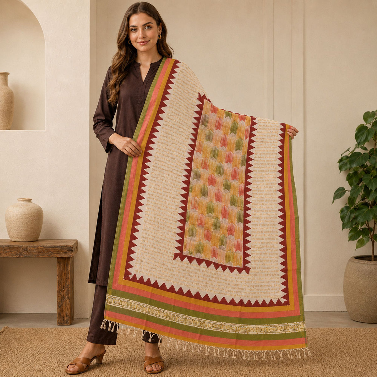 Sanskriti Vintage Hand Block Printed Pure Chanderi Silk Dupatta/Stole Cream Veil