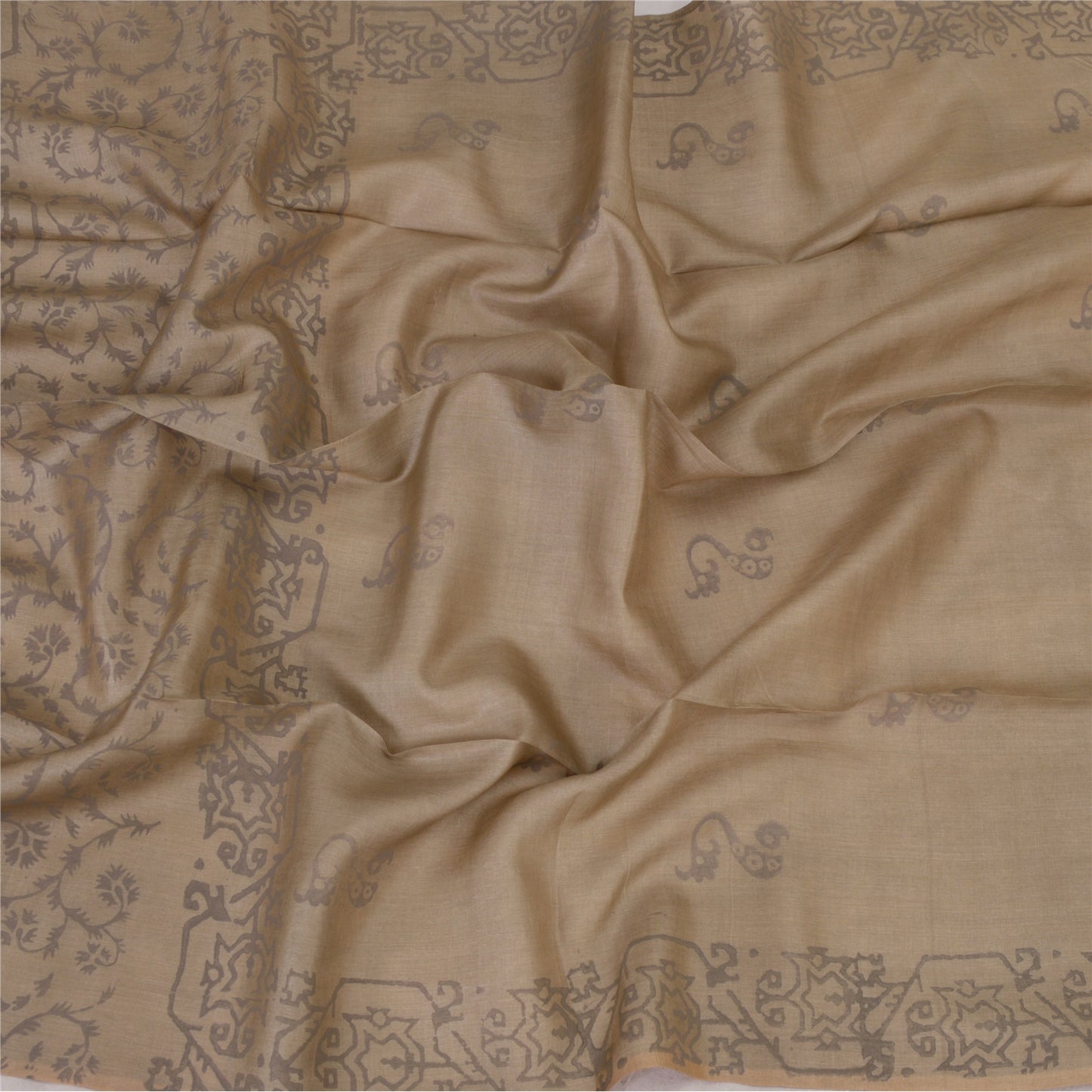 Sanskriti Vintage Dupatta Long Stole Pure Silk Olive Green Veil Paint Wrap Veil