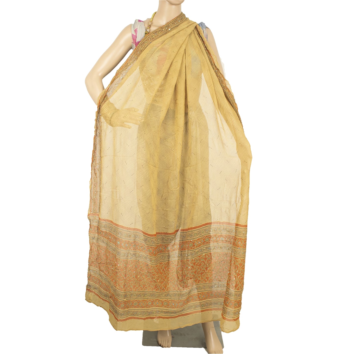 Sanskriti Vintage Dupatta Long Stole Cream Pure Georgette Handmade Kantha Veil