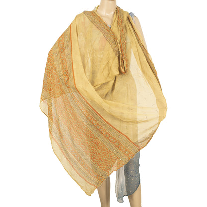 Sanskriti Vintage Dupatta Long Stole Cream Pure Georgette Handmade Kantha Veil
