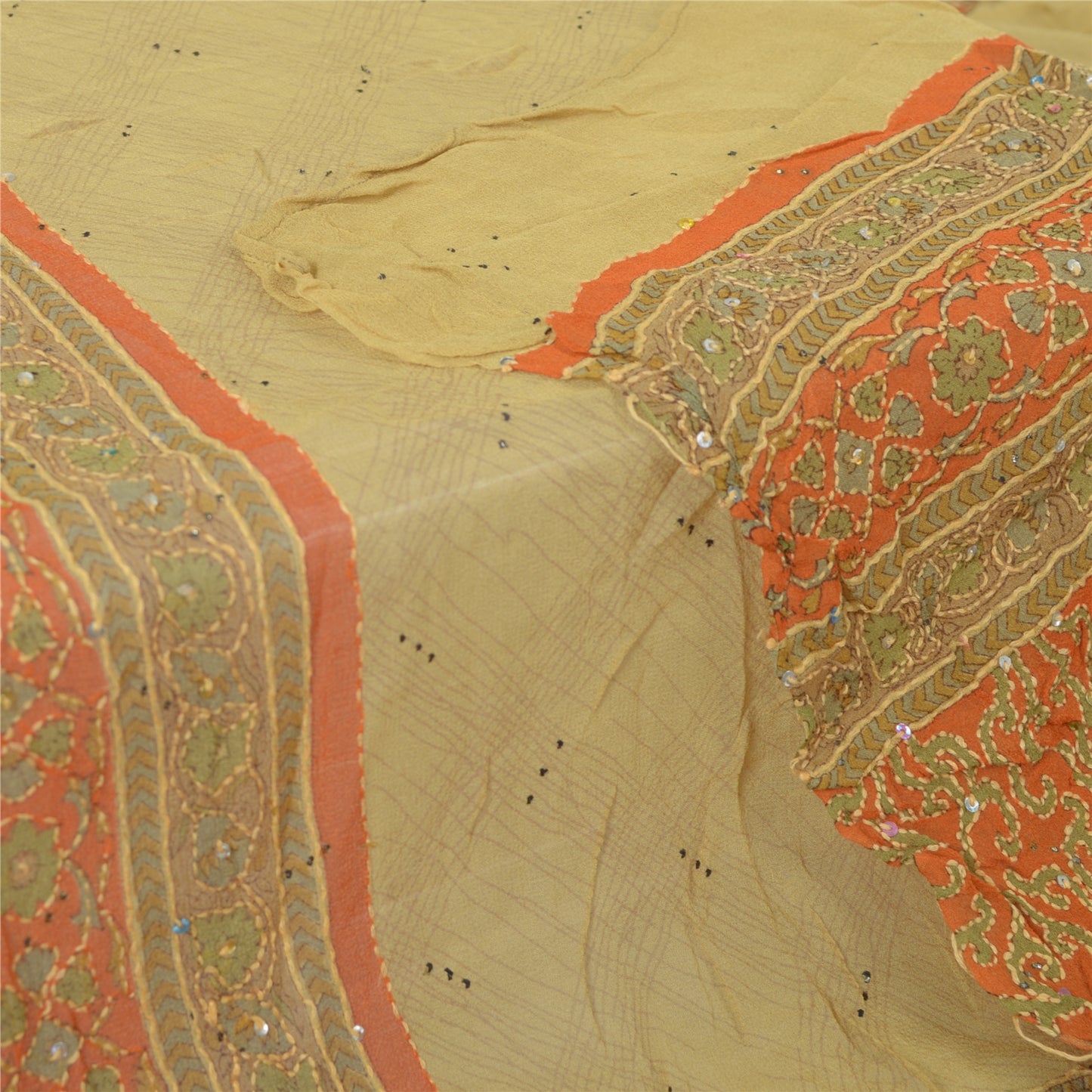 Sanskriti Vintage Dupatta Long Stole Cream Pure Georgette Handmade Kantha Veil