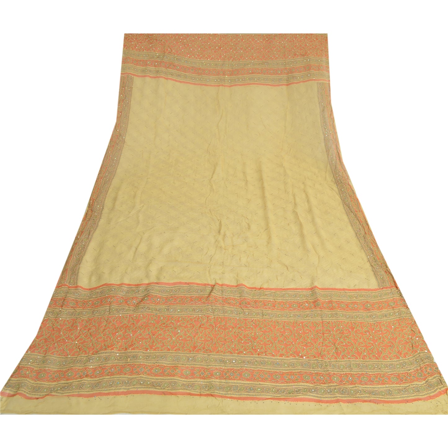 Sanskriti Vintage Dupatta Long Stole Cream Pure Georgette Handmade Kantha Veil