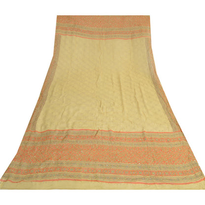 Sanskriti Vintage Dupatta Long Stole Cream Pure Georgette Handmade Kantha Veil