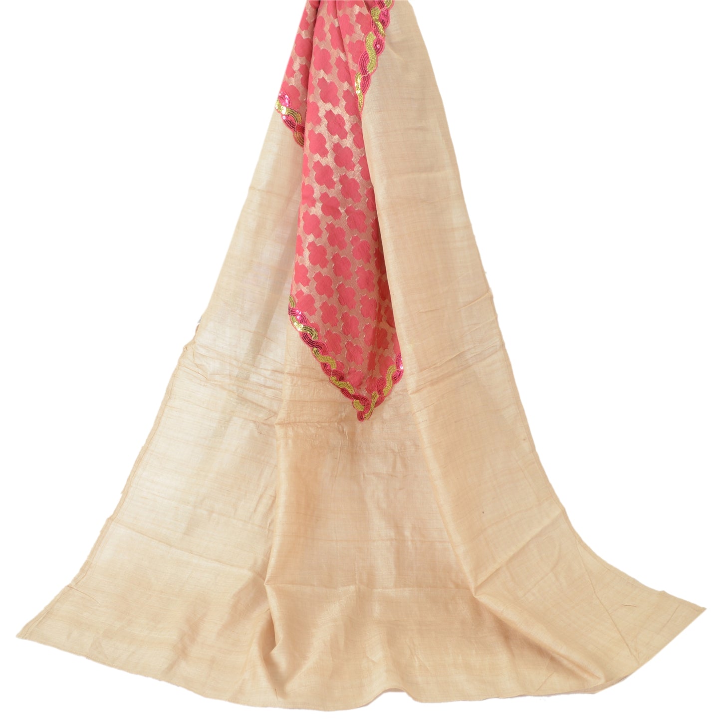Sanskriti Vintage Dupatta Long Stole Pure Silk Cream Embroidered Patch Work Veil