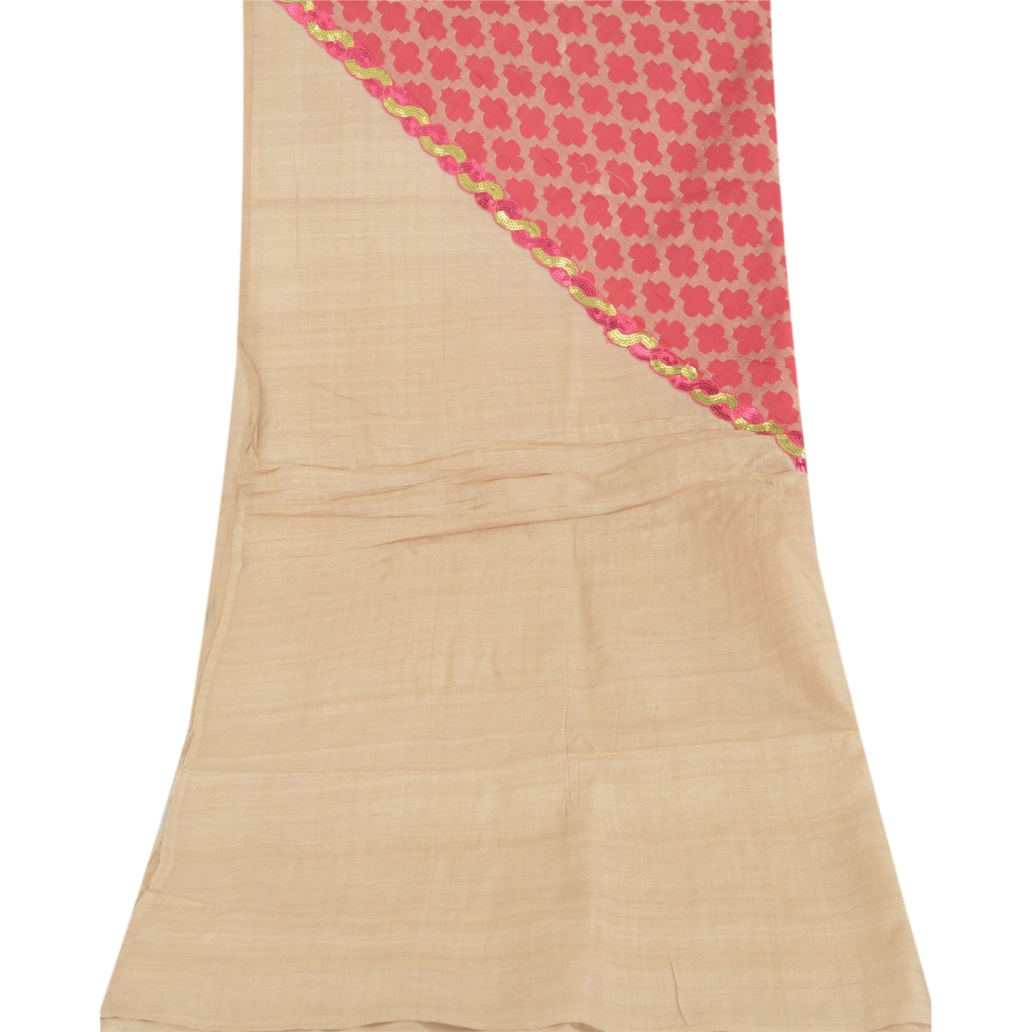 Sanskriti Vintage Dupatta Long Stole Pure Silk Cream Embroidered Patch Work Veil