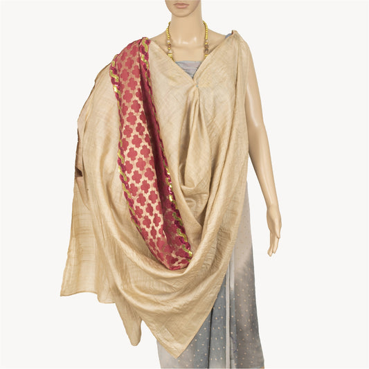 Sanskriti Vintage Dupatta Long Stole Pure Silk Cream Embroidered Patch Scarves
