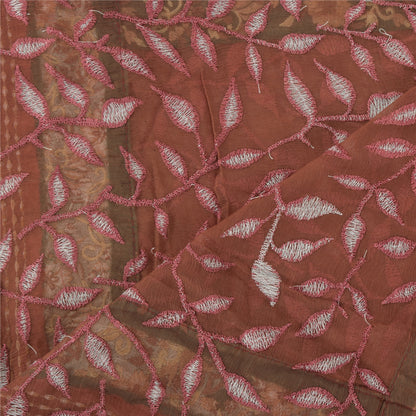Sanskriti Vintage Brown Dupatta Long Stole Pure Chiffon Silk Embroidered Veil
