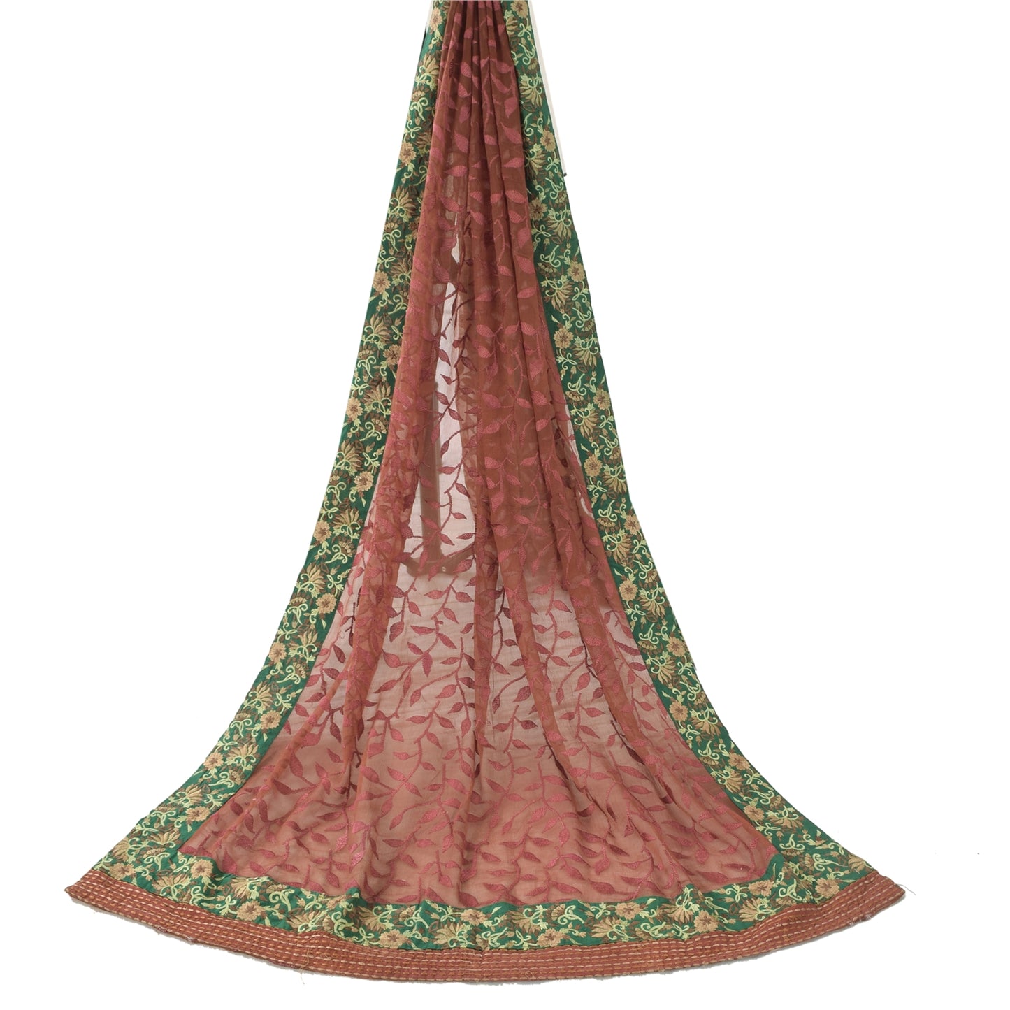 Sanskriti Vintage Brown Dupatta Long Stole Pure Chiffon Silk Embroidered Veil