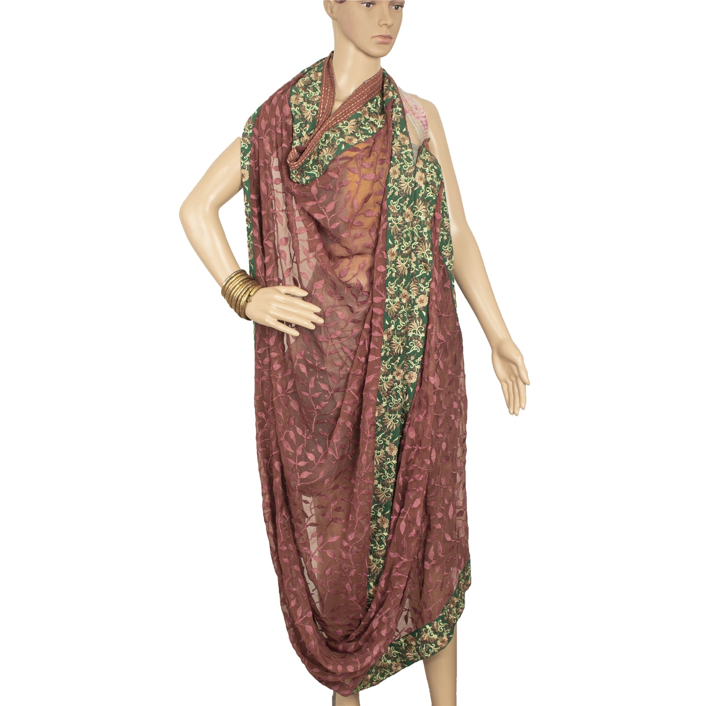 Sanskriti Vintage Brown Dupatta Long Stole Pure Chiffon Silk Embroidered Veil