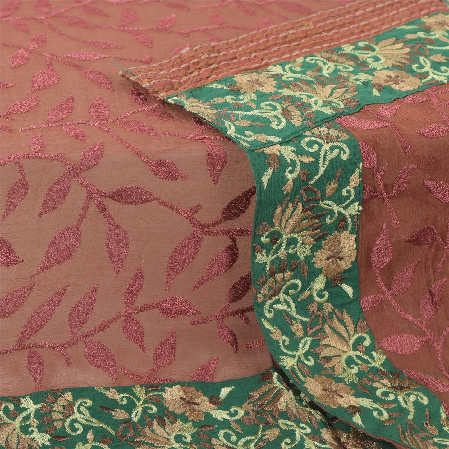Sanskriti Vintage Brown Dupatta Long Stole Pure Chiffon Silk Embroidered Veil