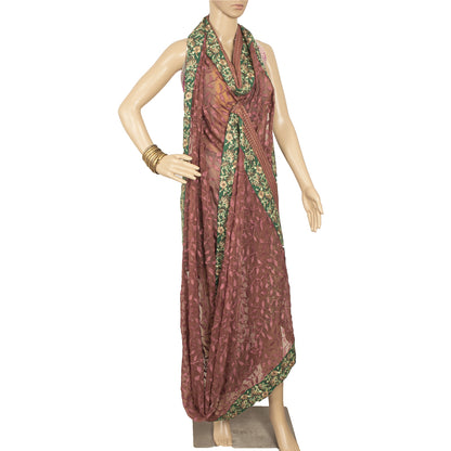Sanskriti Vintage Brown Dupatta Long Stole Pure Chiffon Silk Embroidered Veil